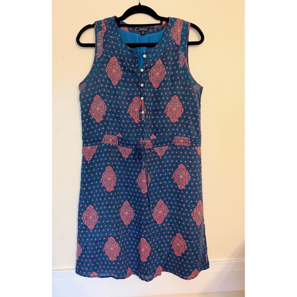 Lucky Brand Womens Drawstring Dress Medium Blue Medallion Print Sleeveless Boho